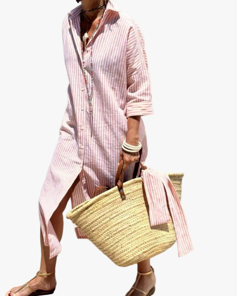 Women's Woven Shirt Dress with Button Front and Side Slits