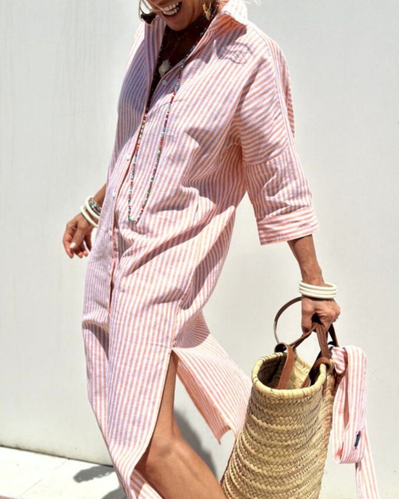 Women's Woven Shirt Dress with Button Front and Side Slits