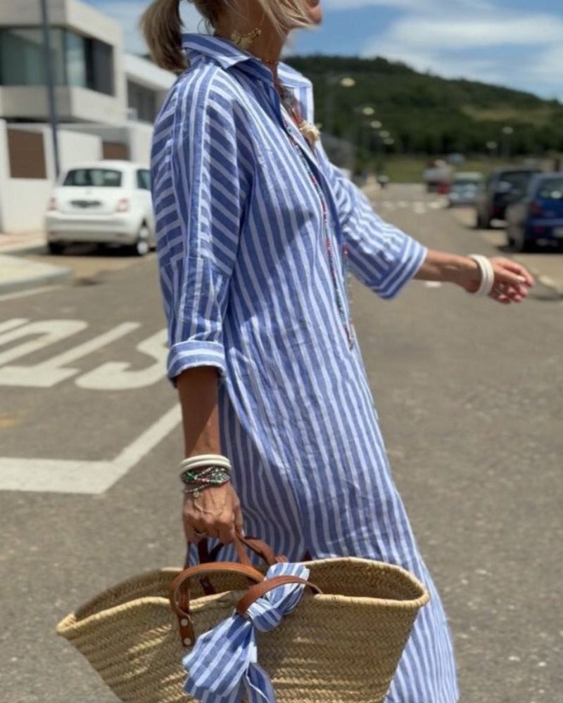Women's Woven Shirt Dress with Button Front and Side Slits