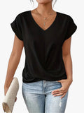 Women's Woven Short Sleeve Top with V Neck and Twist Hem