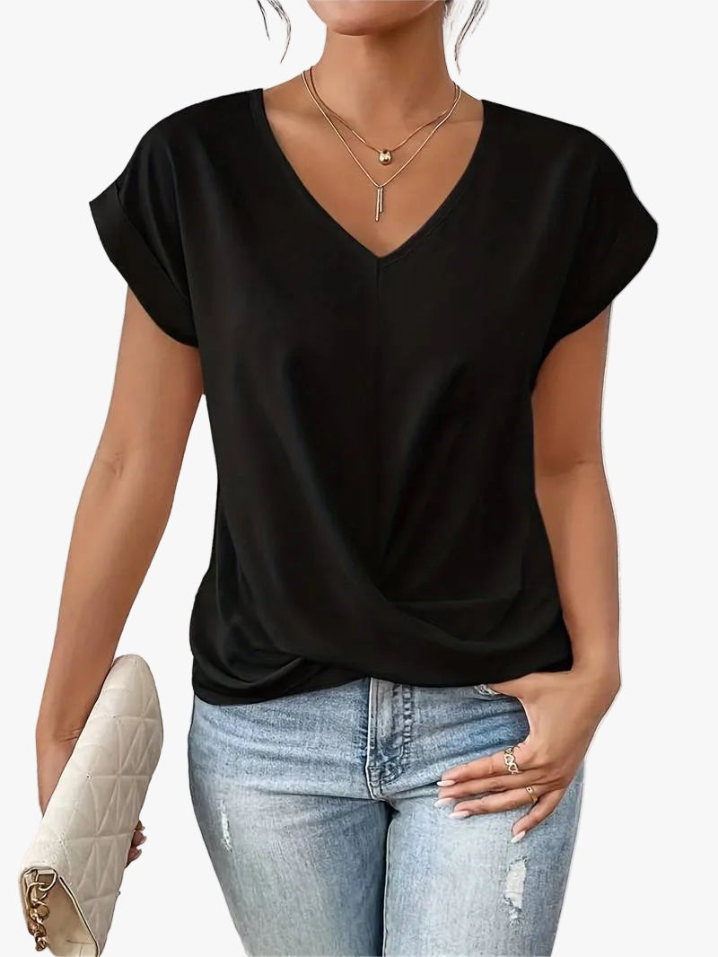Women's Woven Short Sleeve Top with V Neck and Twist Hem