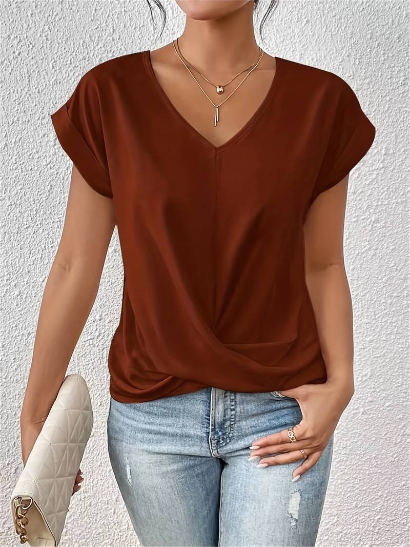 Women's Woven Short Sleeve Top with V Neck and Twist Hem