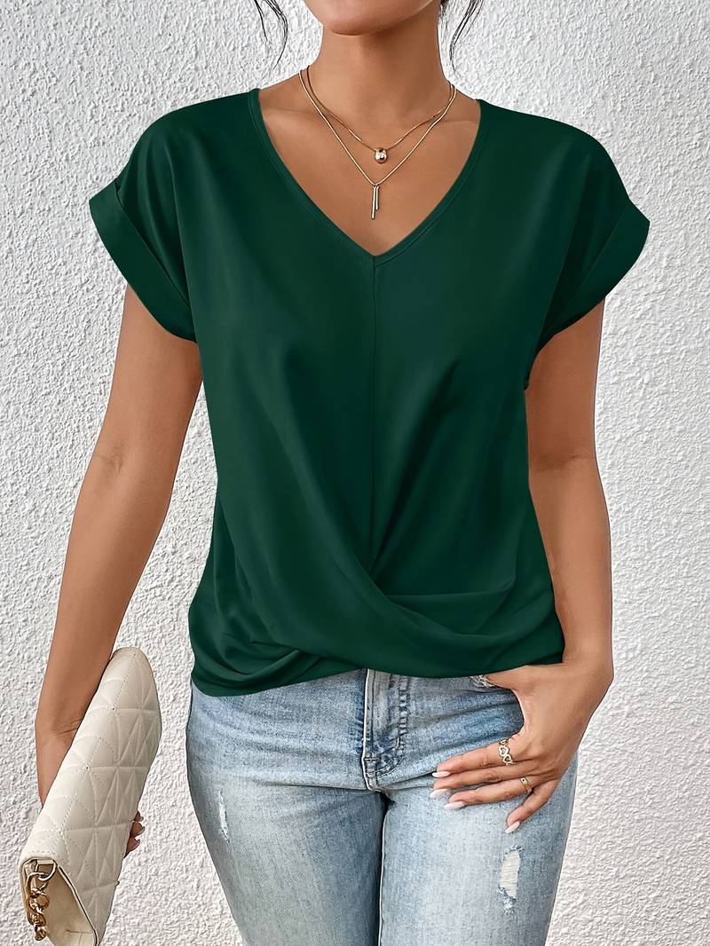 Women's Woven Short Sleeve Top with V Neck and Twist Hem