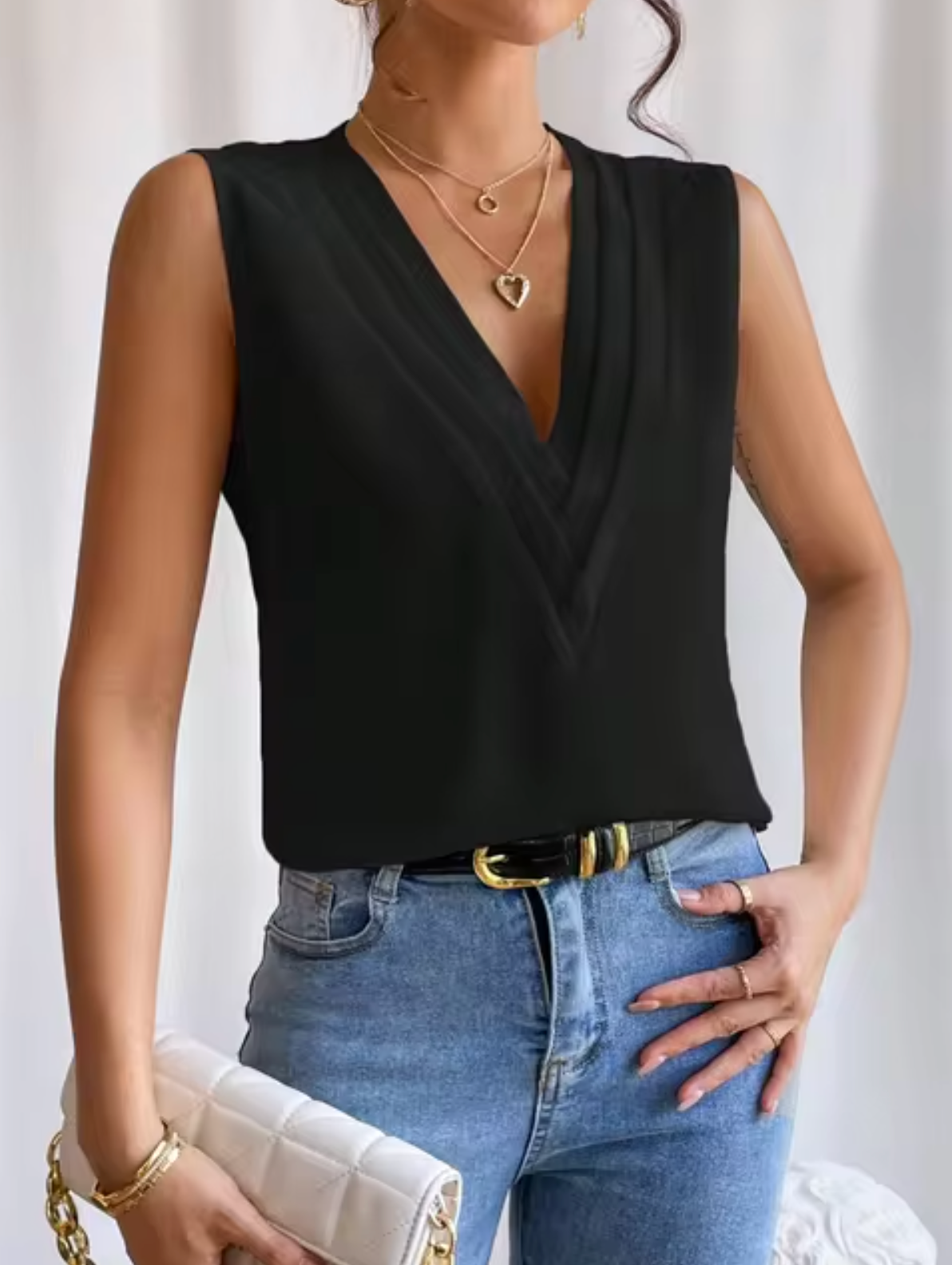 Women's Woven Sleeveless Top with Layered V Neck and Pleated Front