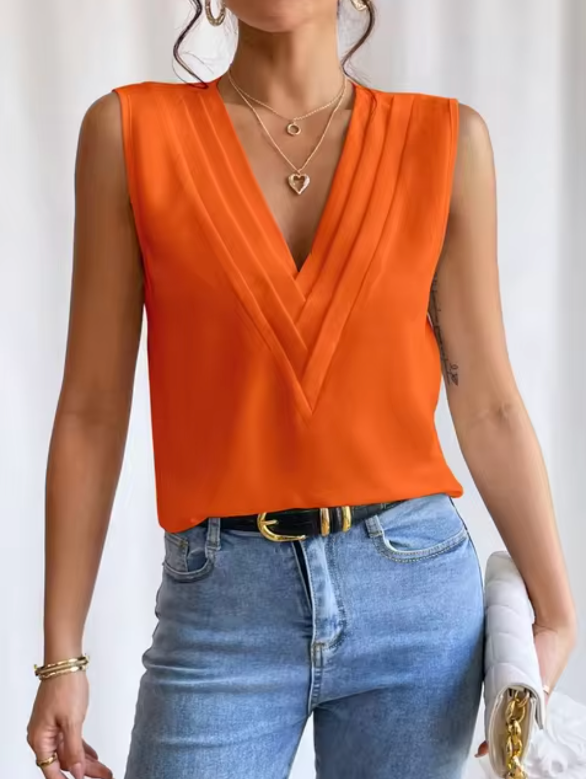 Women's Woven Sleeveless Top with Layered V Neck and Pleated Front