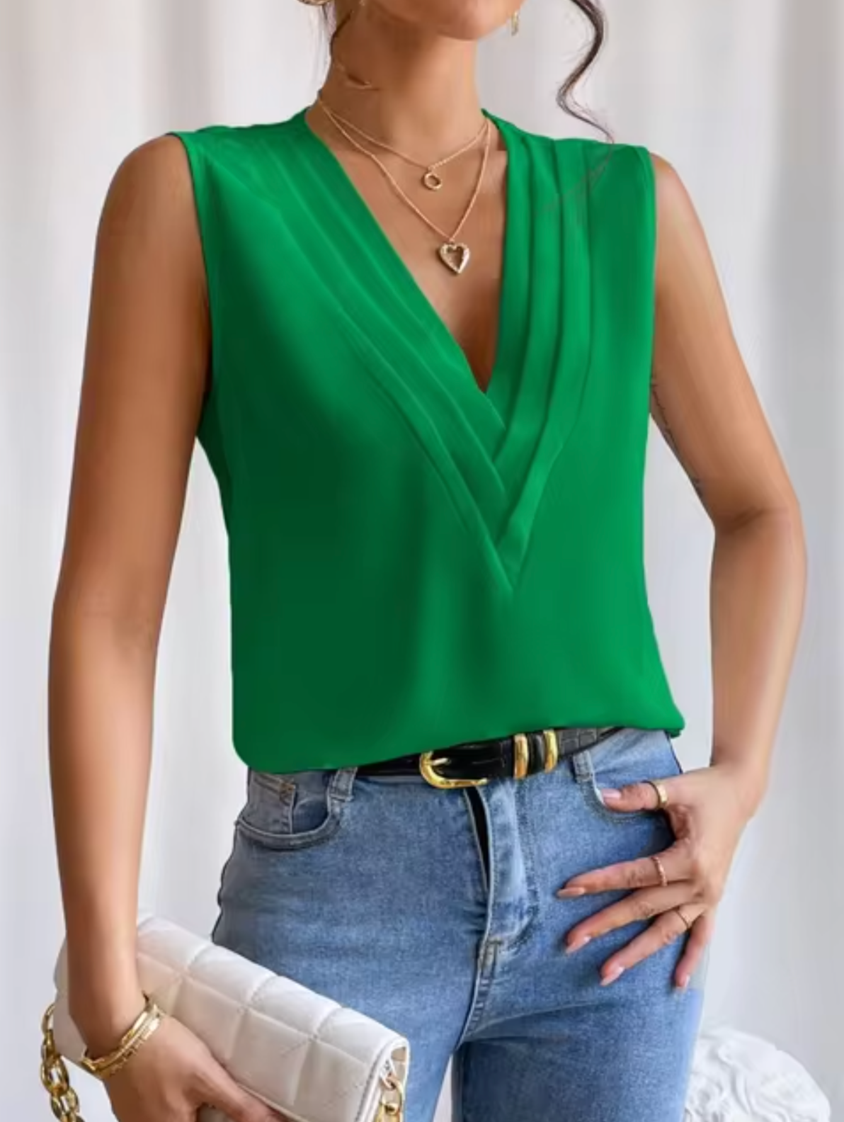 Women's Woven Sleeveless Top with Layered V Neck and Pleated Front