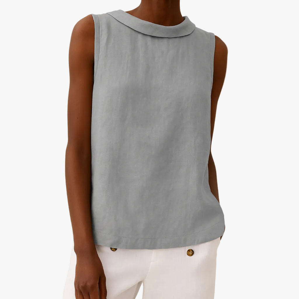 Women's Woven Sleeveless Top with Roll Collar and Keyhole Back