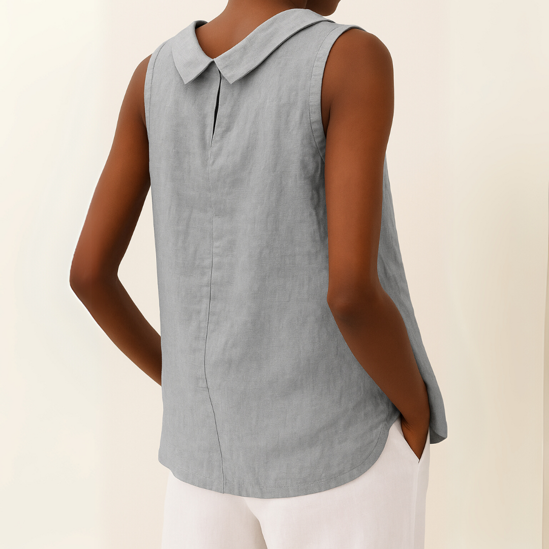 Women's Woven Sleeveless Top with Roll Collar and Keyhole Back