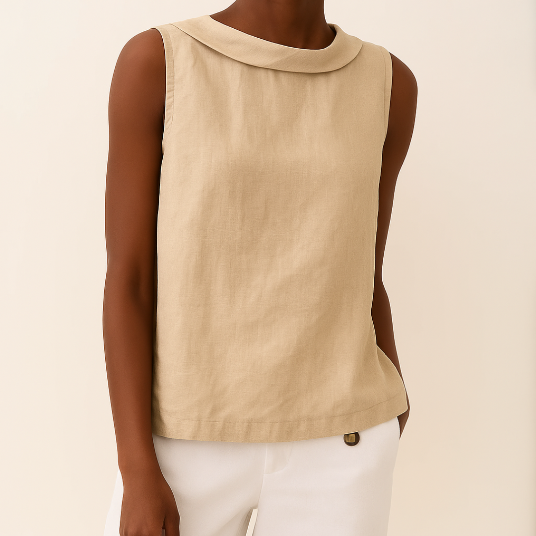 Women's Woven Sleeveless Top with Roll Collar and Keyhole Back