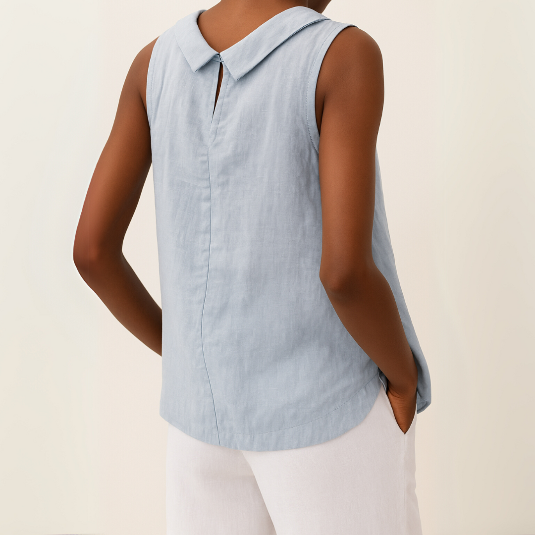 Women's Woven Sleeveless Top with Roll Collar and Keyhole Back