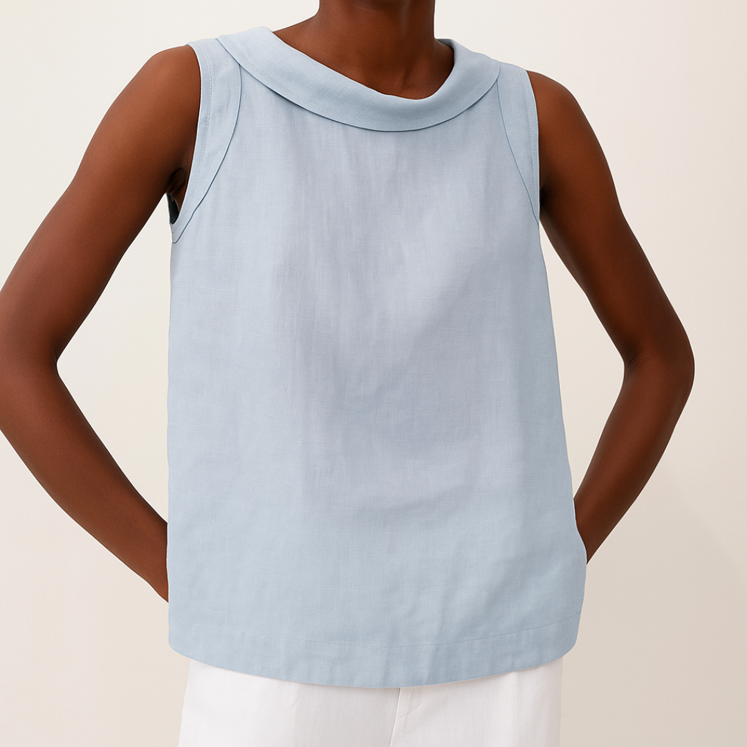 Women's Woven Sleeveless Top with Roll Collar and Keyhole Back