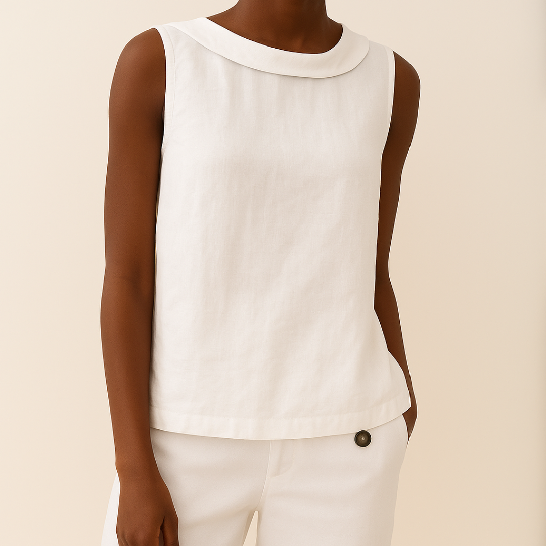 Women's Woven Sleeveless Top with Roll Collar and Keyhole Back