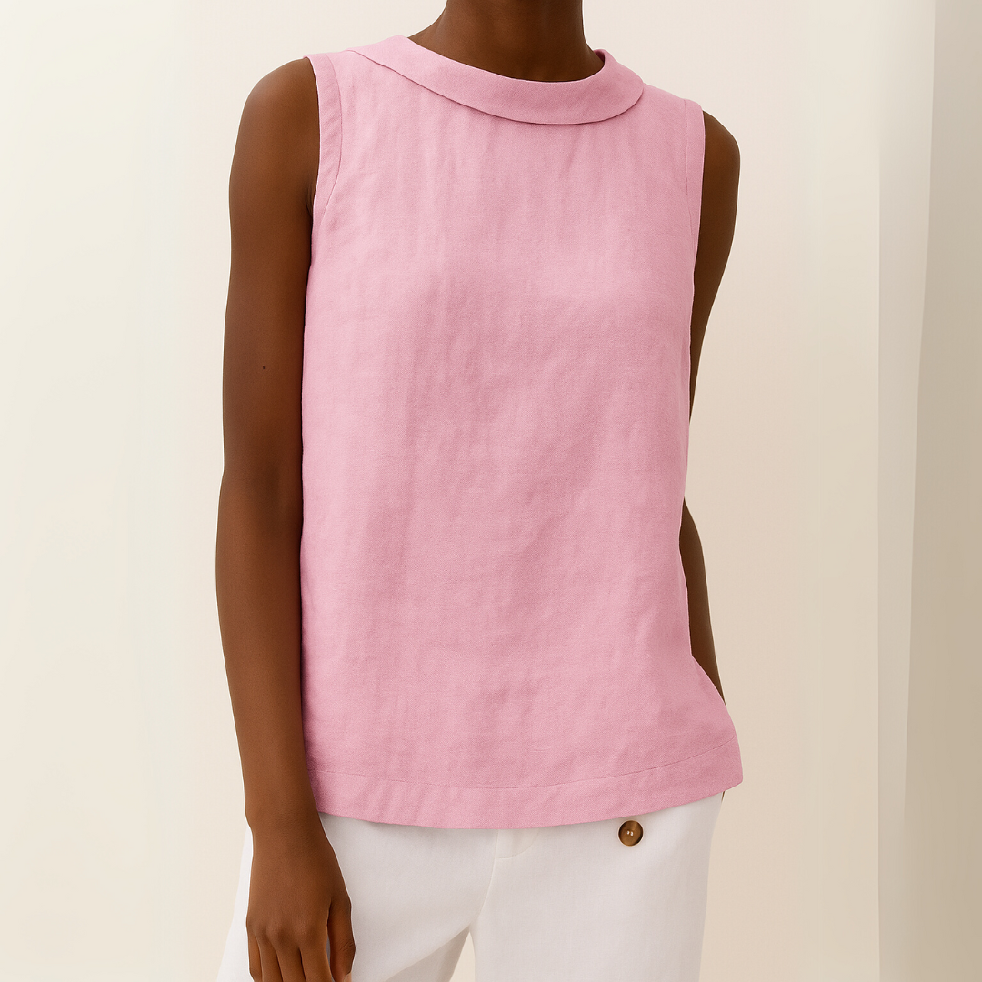Women's Woven Sleeveless Top with Roll Collar and Keyhole Back