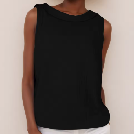 Women's Woven Sleeveless Top with Roll Collar and Keyhole Back