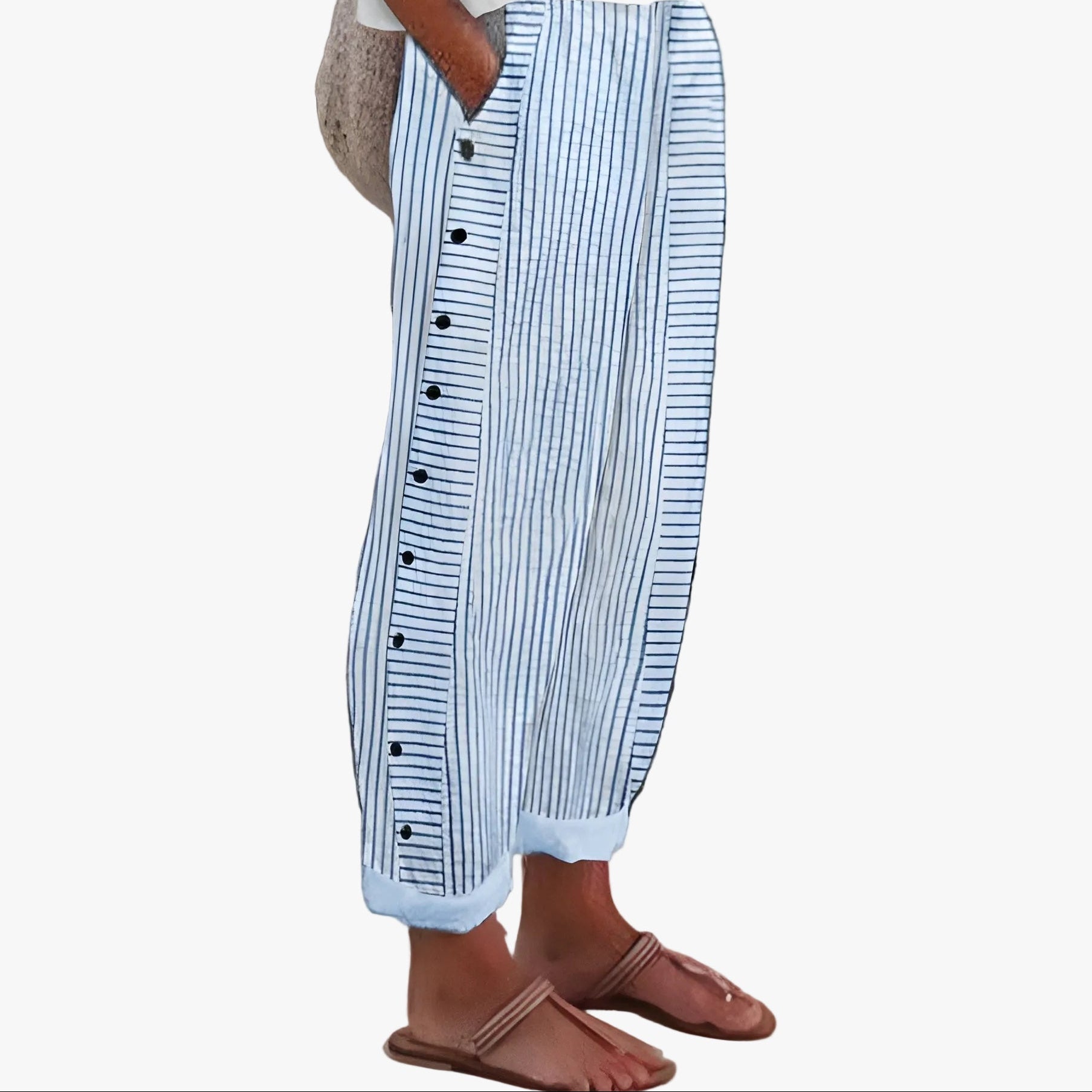 Women's Woven Straight-Leg Pants with Side Pockets and Button Trim