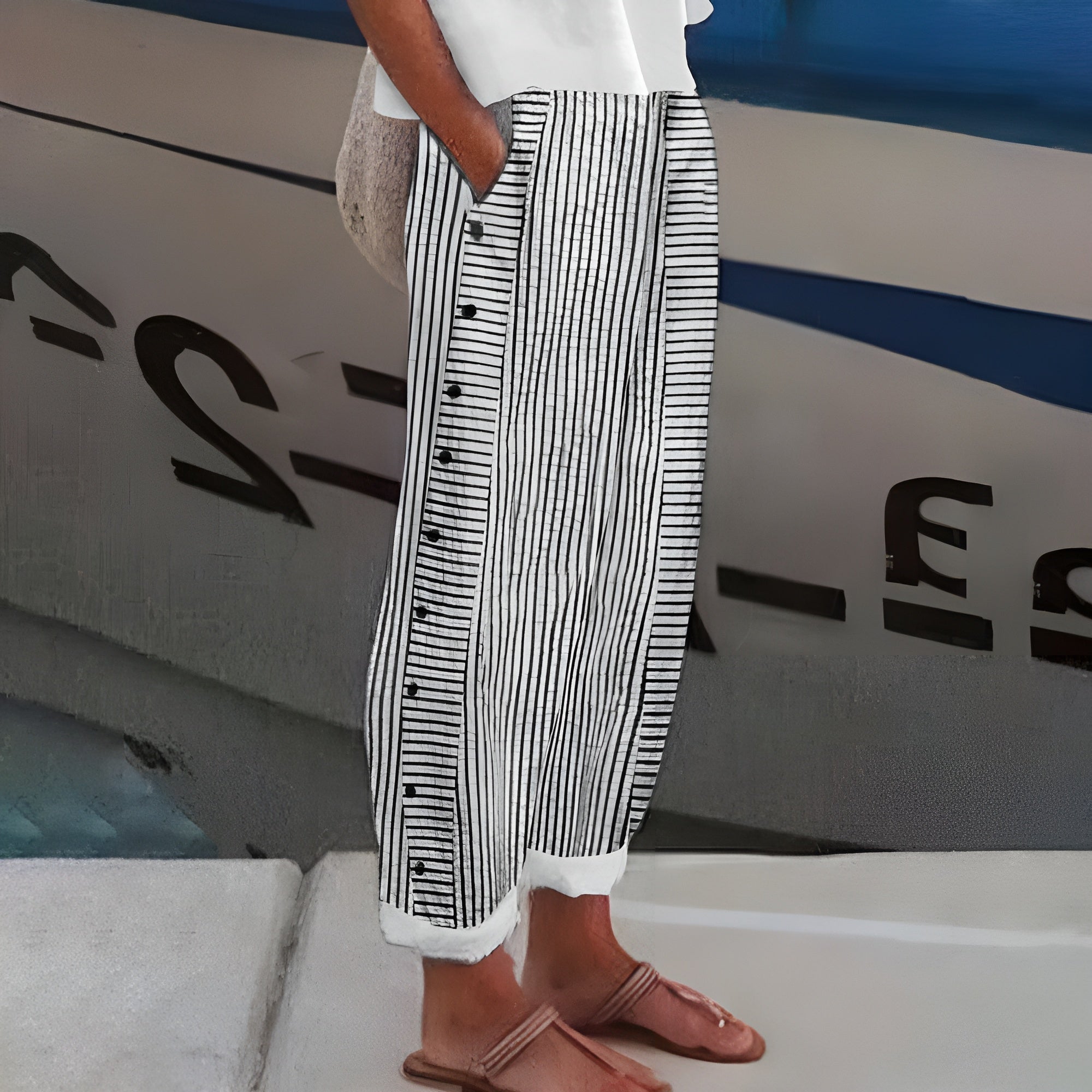Women's Woven Straight-Leg Pants with Side Pockets and Button Trim