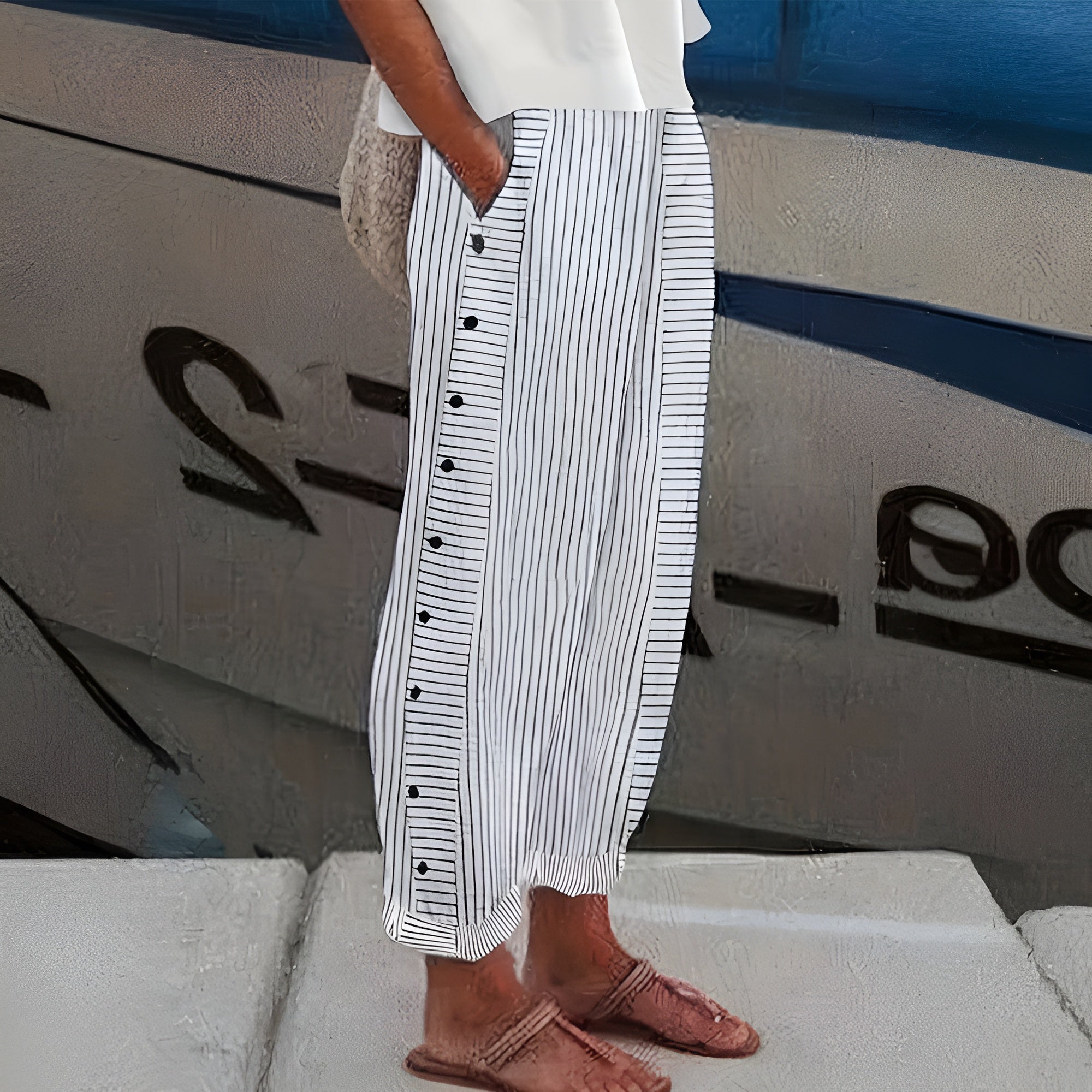 Women's Woven Straight-Leg Pants with Side Pockets and Button Trim