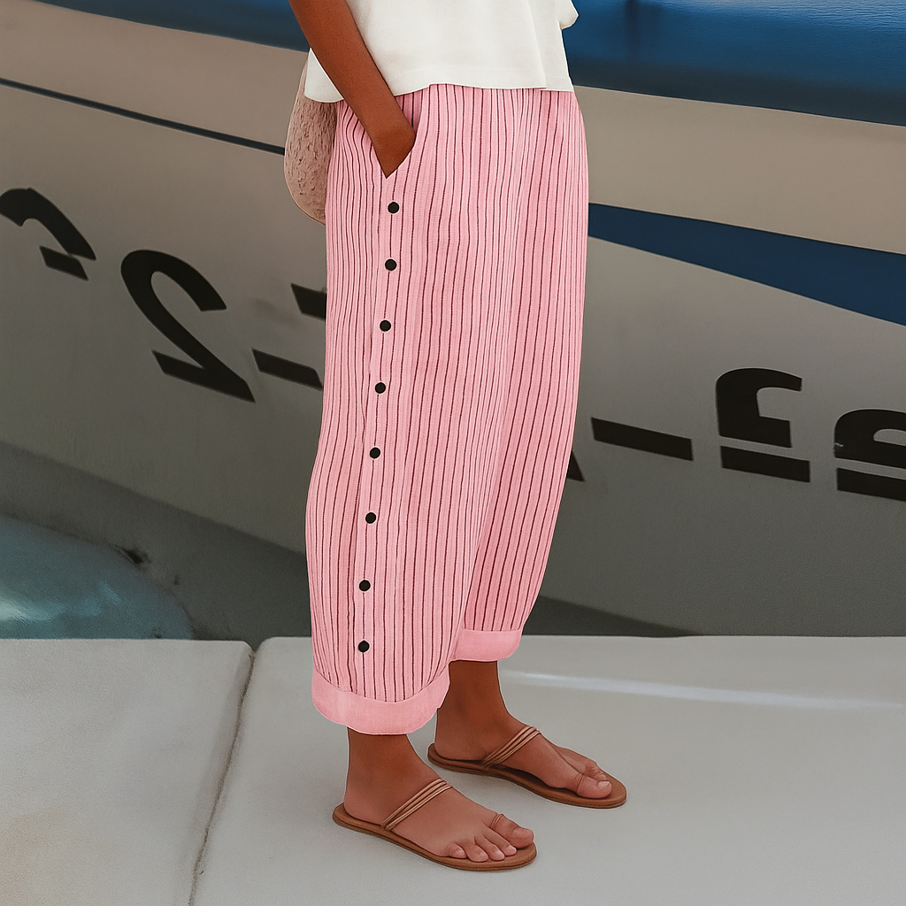Women's Woven Straight-Leg Pants with Side Pockets and Button Trim