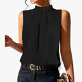 Women's Woven-Style Blouse with Mock Neck and Front Pleats