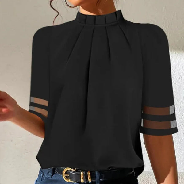 Women's Woven-Style Blouse with Mock Neck and Front Pleats
