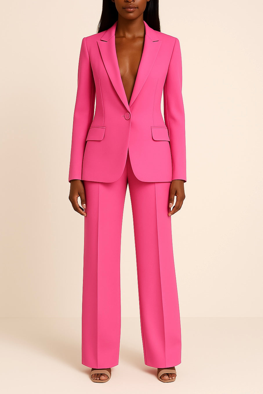 Women's Woven Suit Set with Notched Lapel and Straight-Leg Trousers