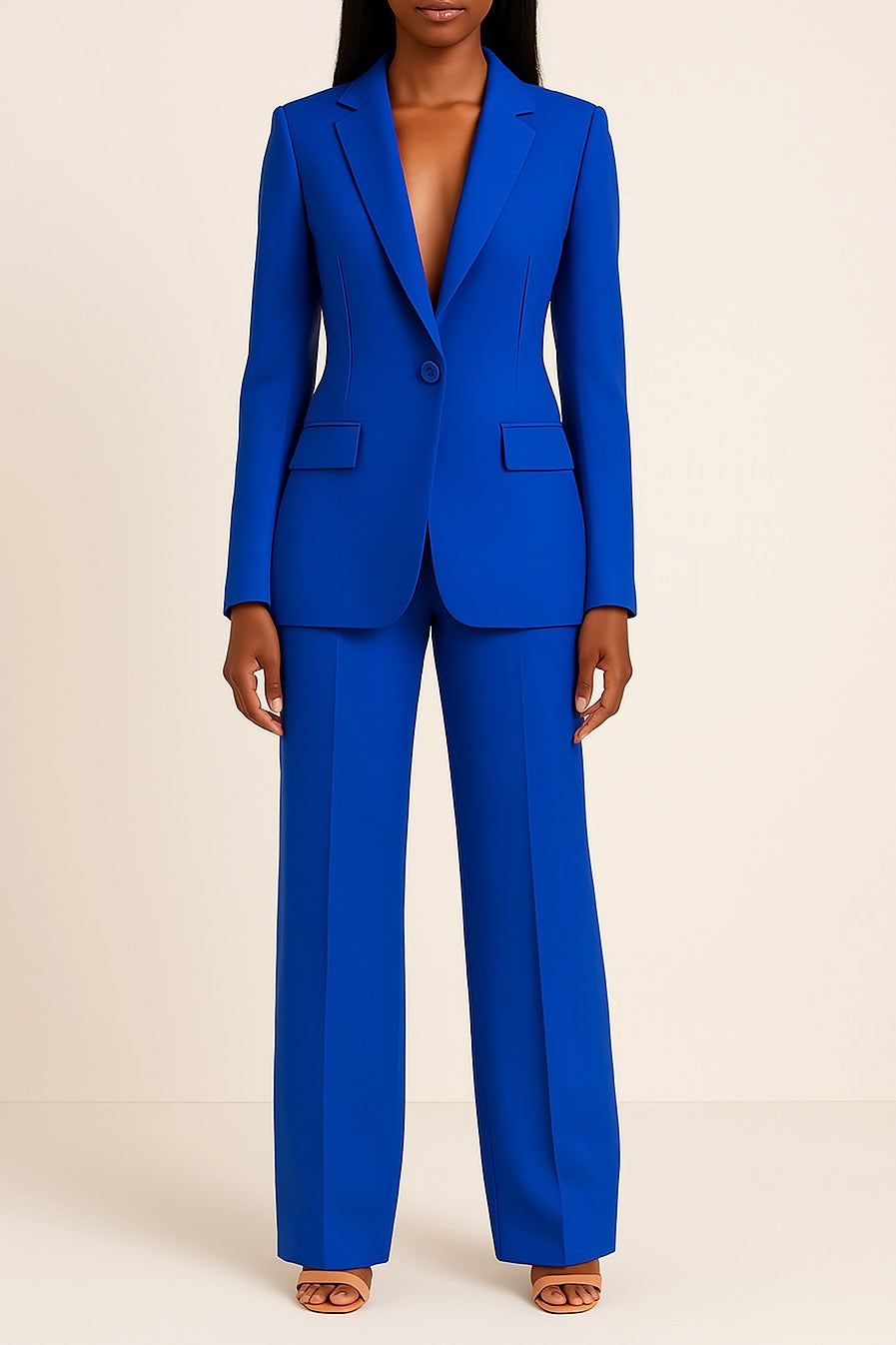 Women's Woven Suit Set with Notched Lapel and Straight-Leg Trousers