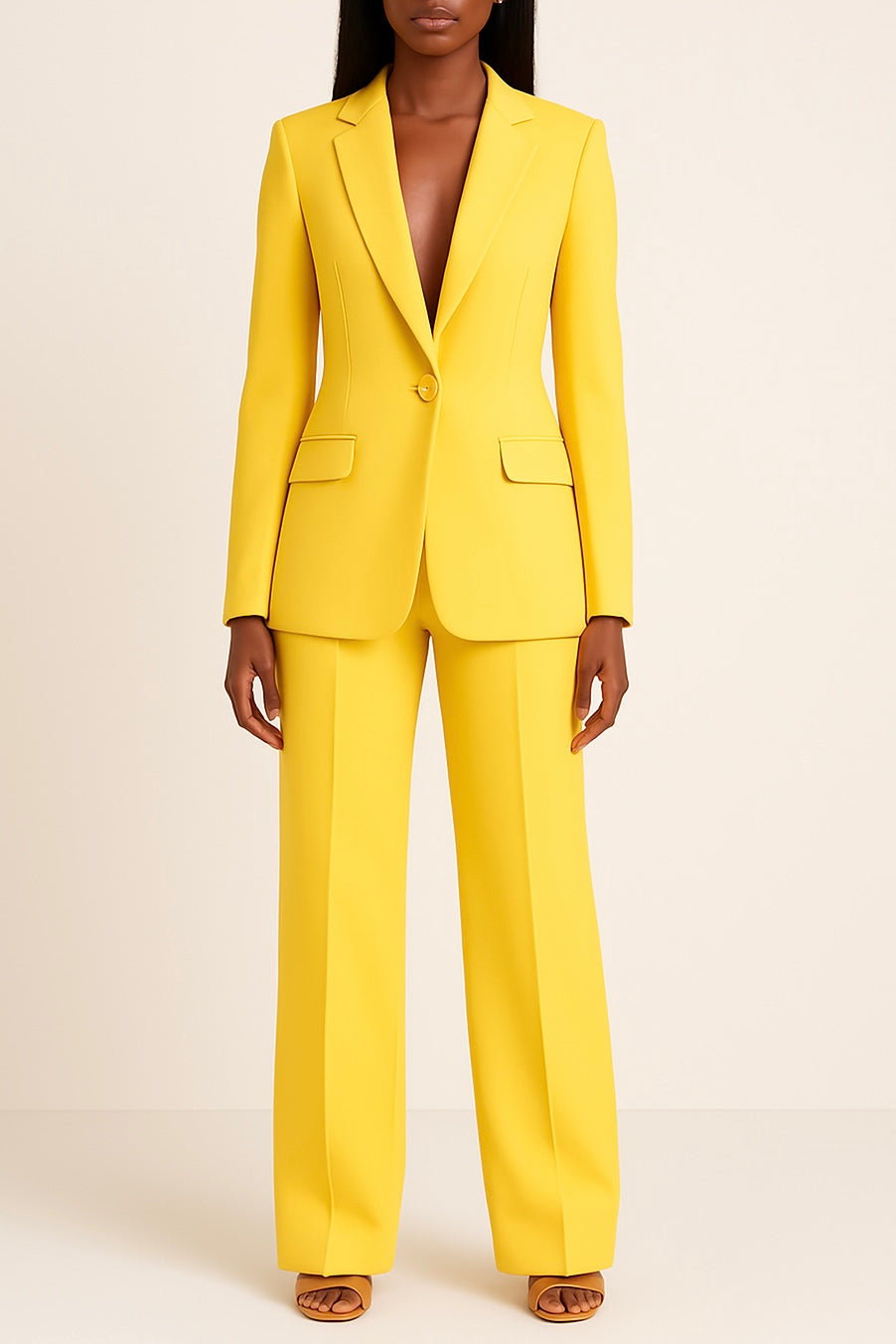 Women's Woven Suit Set with Notched Lapel and Straight-Leg Trousers