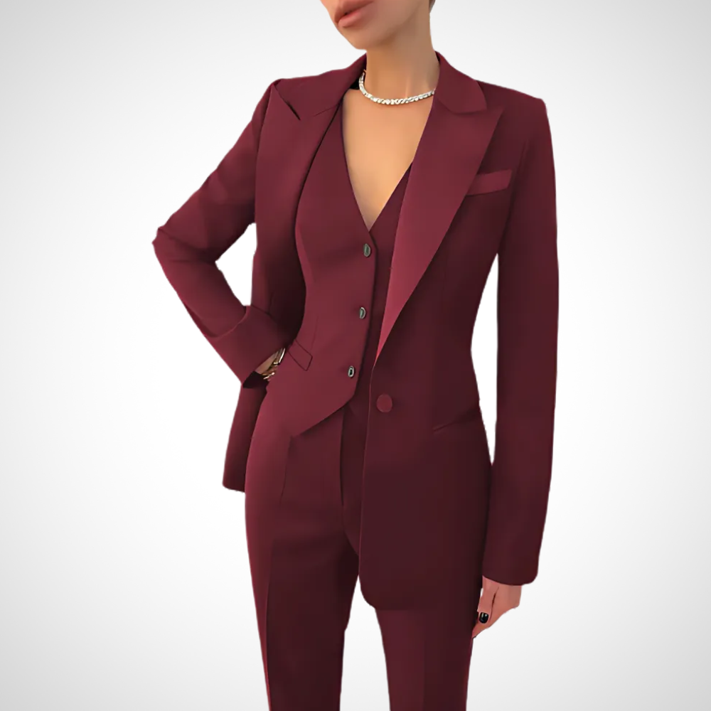 Women's Woven Three-Piece Suit with Notch Lapels and Button Vest
