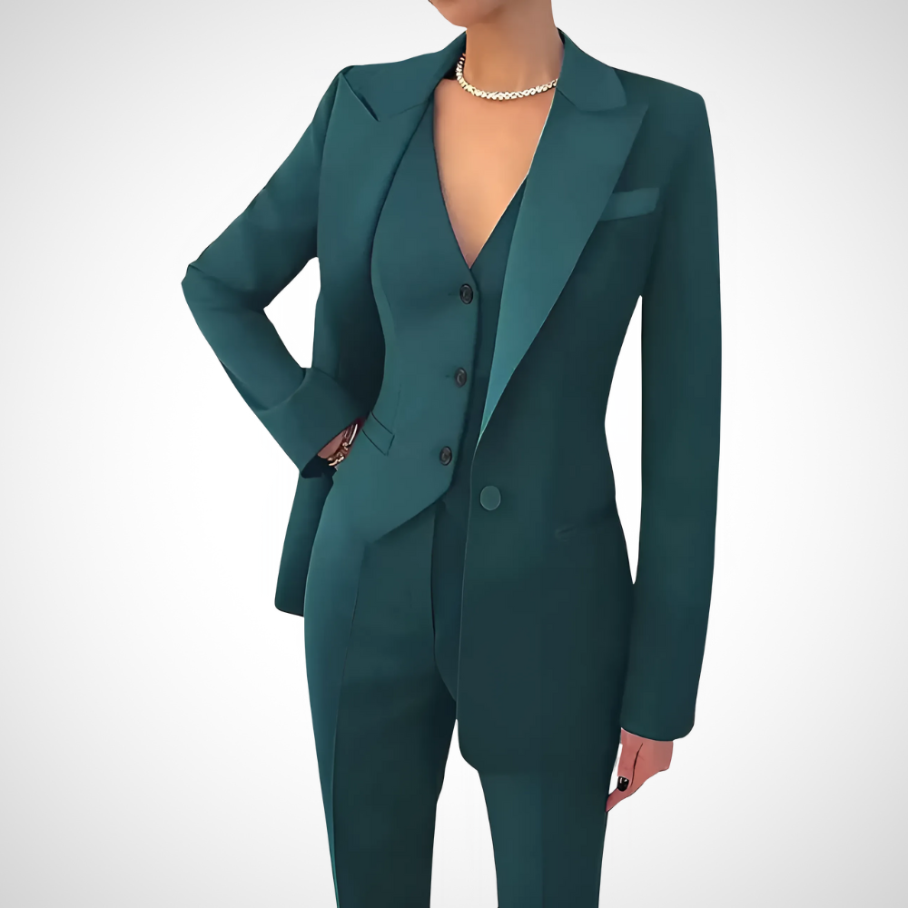 Women's Woven Three-Piece Suit with Notch Lapels and Button Vest