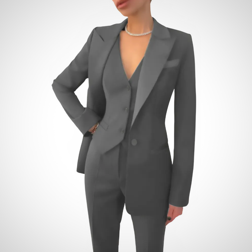 Women's Woven Three-Piece Suit with Notch Lapels and Button Vest