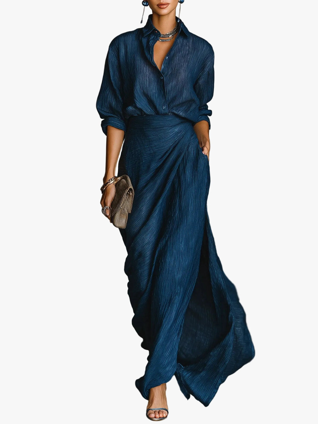 Women's Woven Two-Piece Set with Button-Front Shirt and Wrap Maxi Skirt