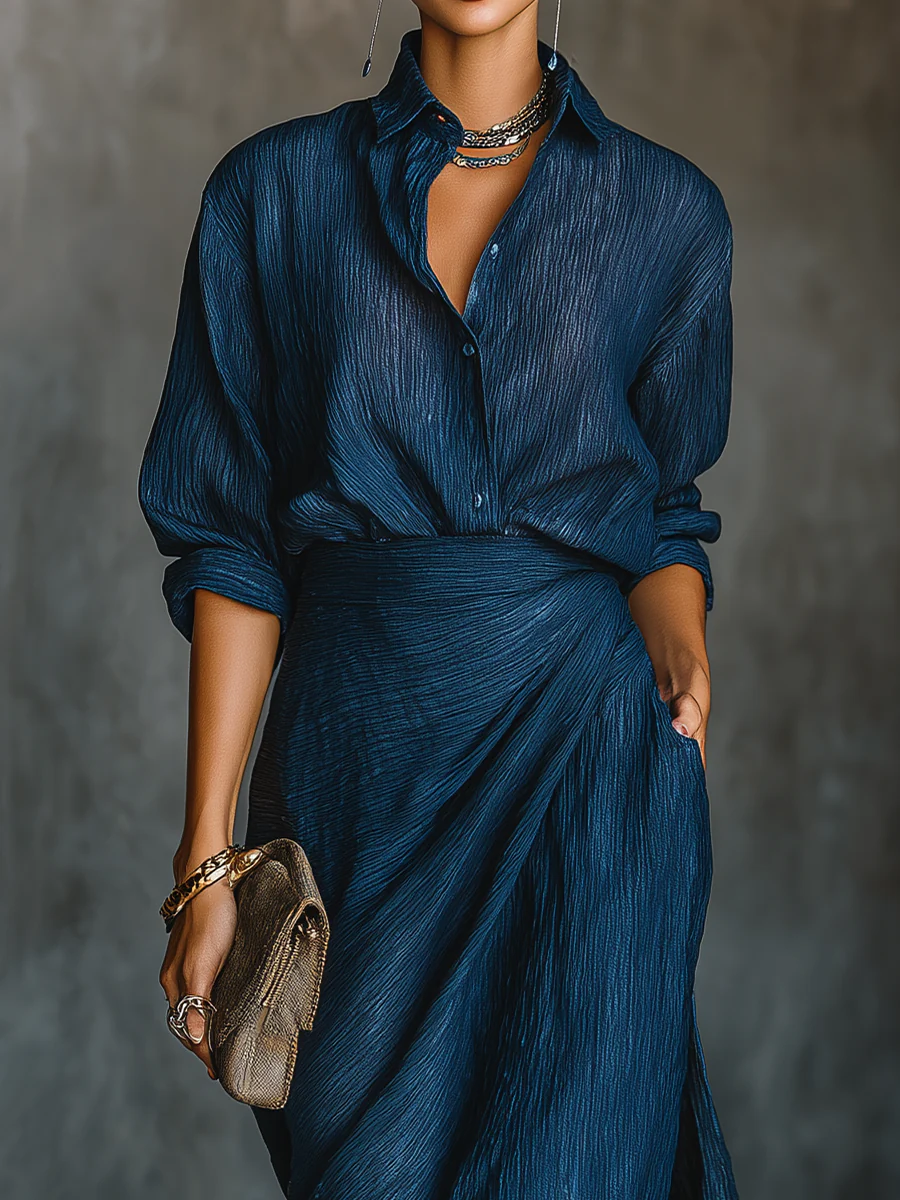 Women's Woven Two-Piece Set with Button-Front Shirt and Wrap Maxi Skirt