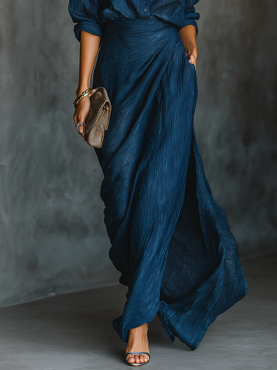 Women's Woven Two-Piece Set with Button-Front Shirt and Wrap Maxi Skirt