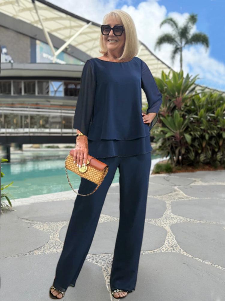 Women's Woven Two-Piece Set with Layered Hem Top and Wide-Leg Pants