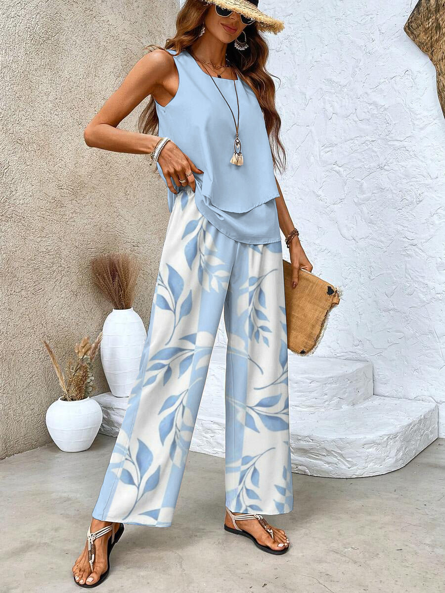 Women's Woven Two-Piece Set with Layered Tank and Wide-Leg Pants