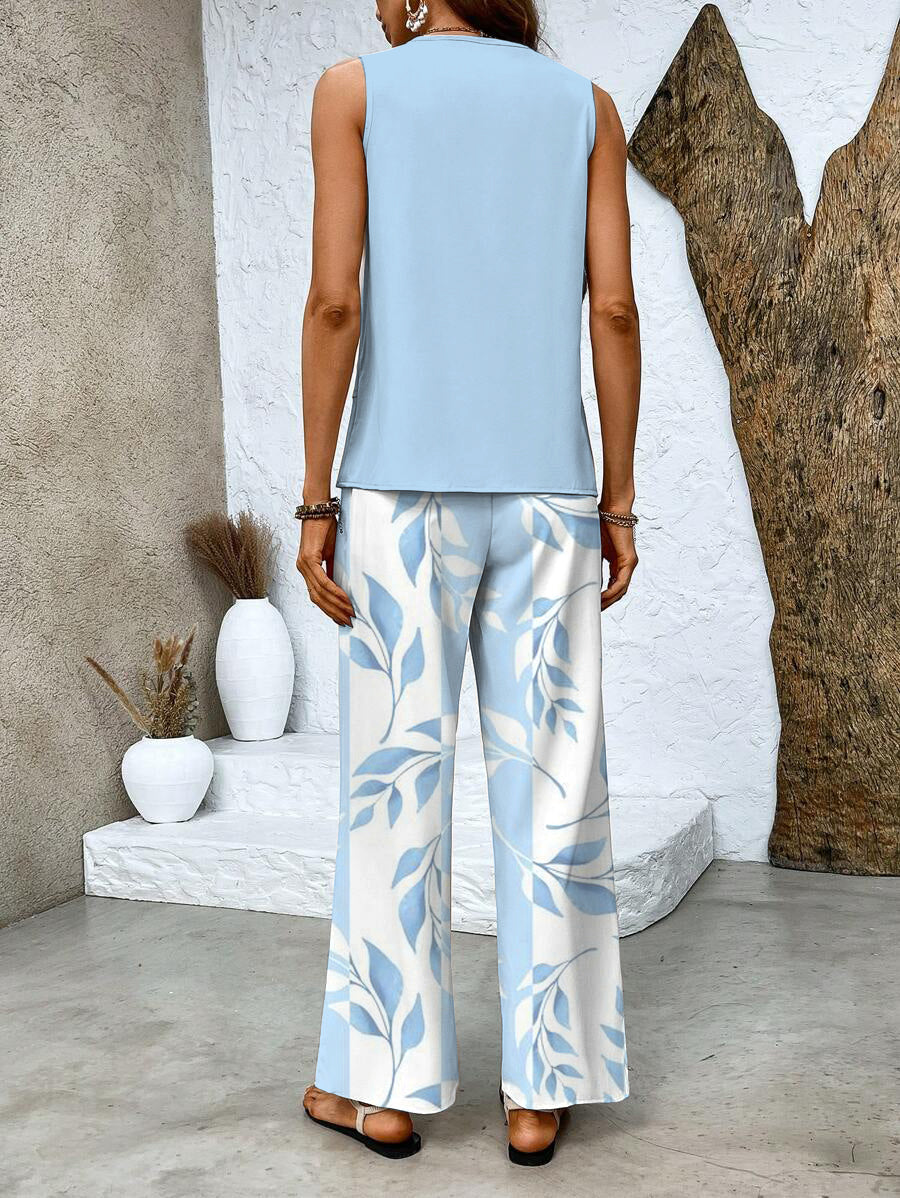 Women's Woven Two-Piece Set with Layered Tank and Wide-Leg Pants