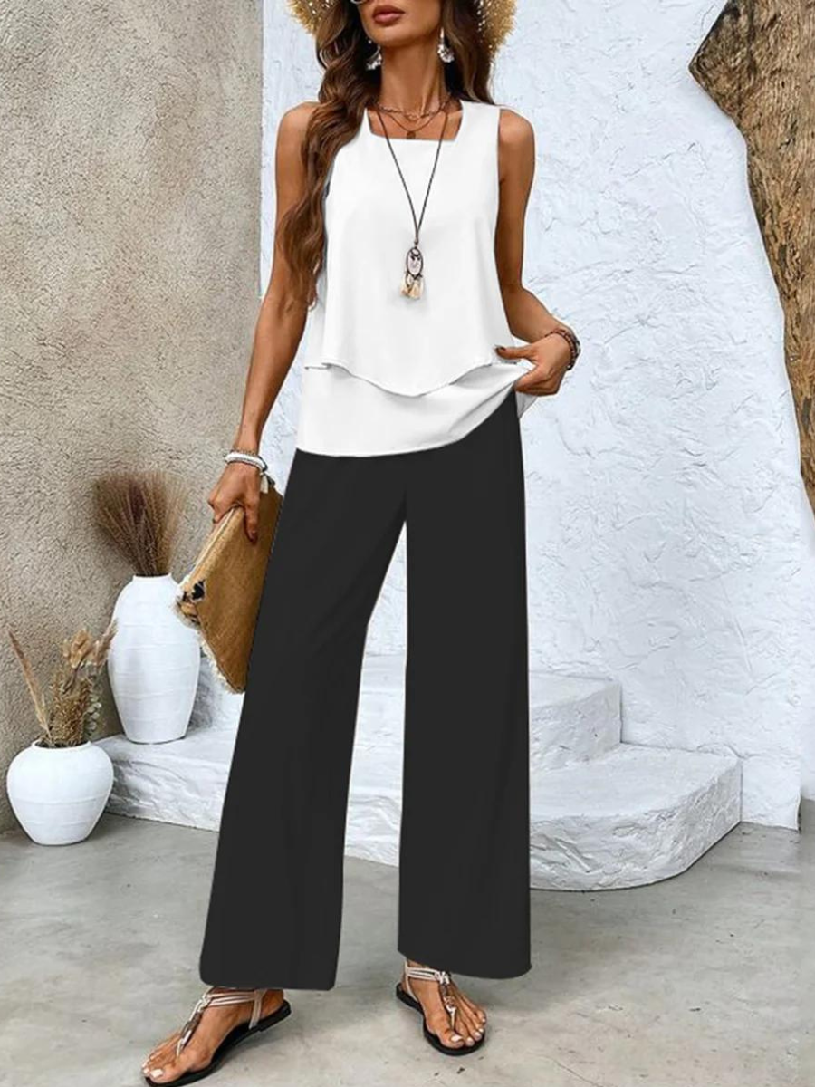 Women's Woven Two-Piece Set with Layered Tank and Wide-Leg Pants