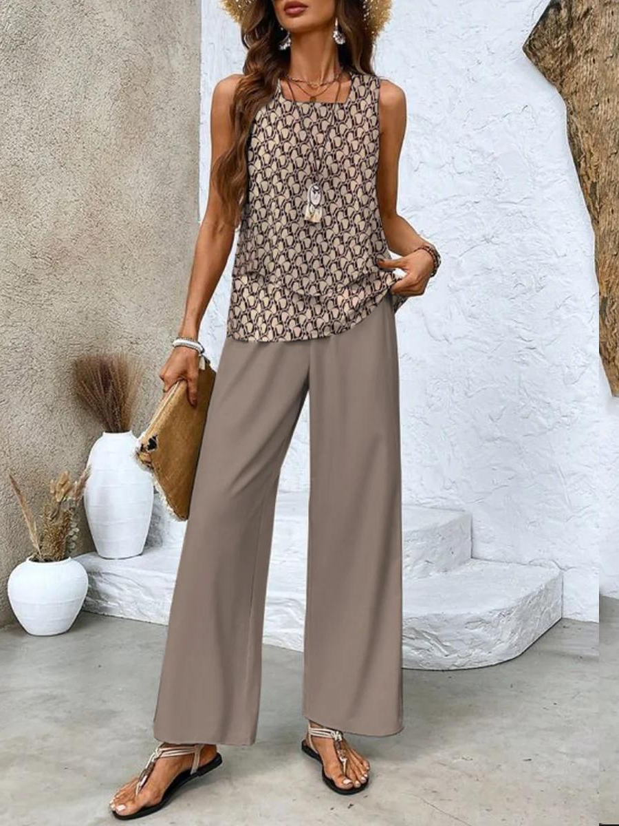 Women's Woven Two-Piece Set with Layered Tank and Wide-Leg Pants