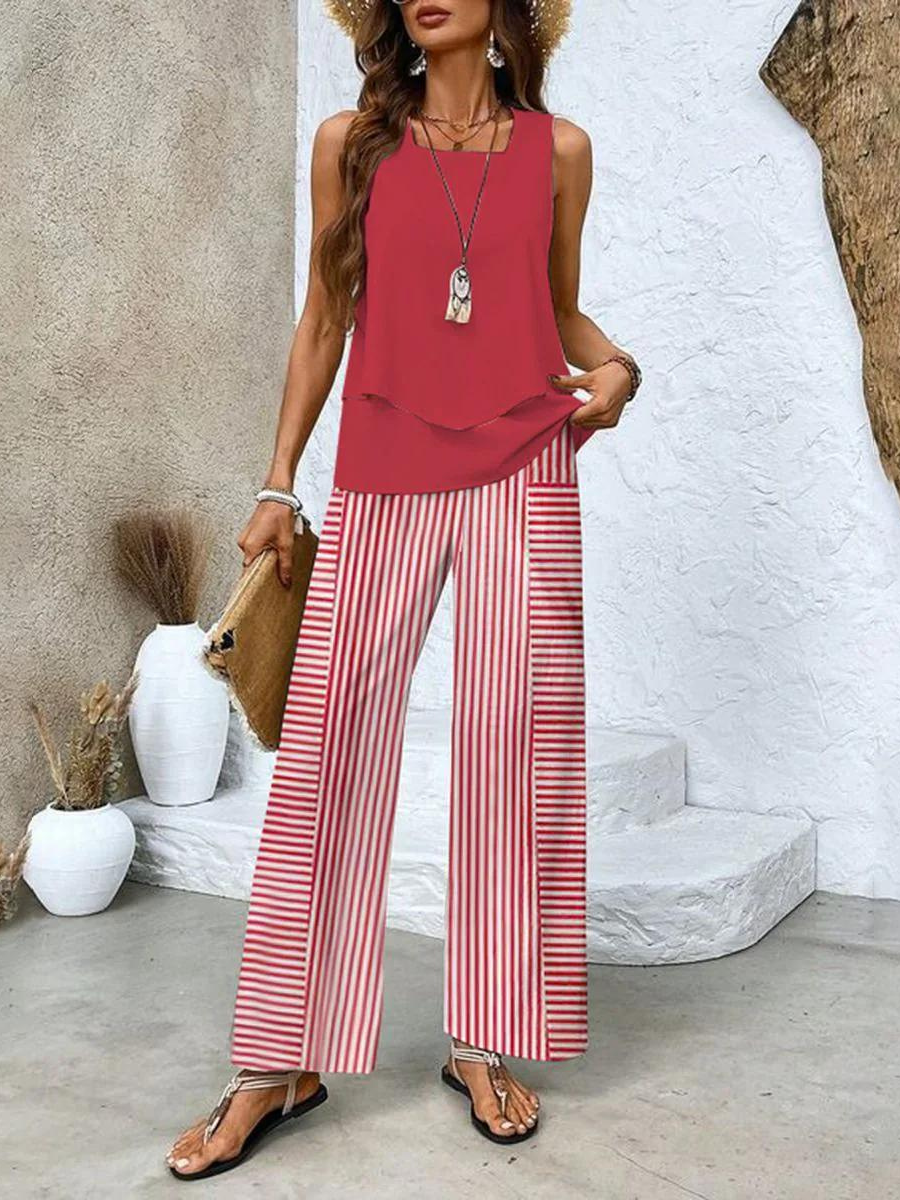 Women's Woven Two-Piece Set with Layered Tank and Wide-Leg Pants