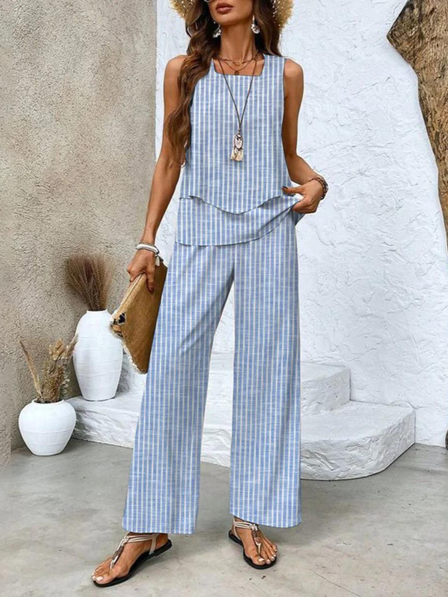 Women's Woven Two-Piece Set with Layered Tank and Wide-Leg Pants