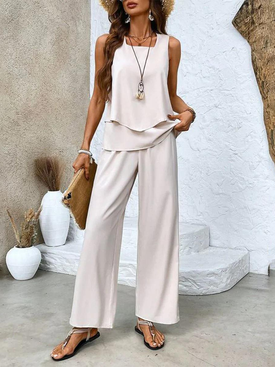 Women's Woven Two-Piece Set with Layered Tank and Wide-Leg Pants