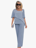 Women's Woven Two-Piece Set with Layered Top and Wide-Leg Pants