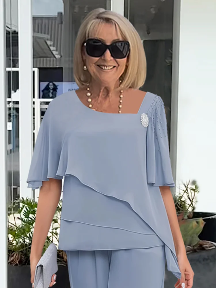 Women's Woven Two-Piece Set with Layered Top and Wide-Leg Pants