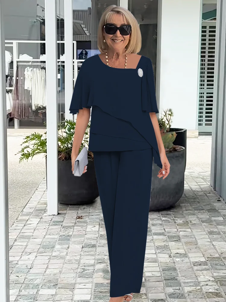 Women's Woven Two-Piece Set with Layered Top and Wide-Leg Pants