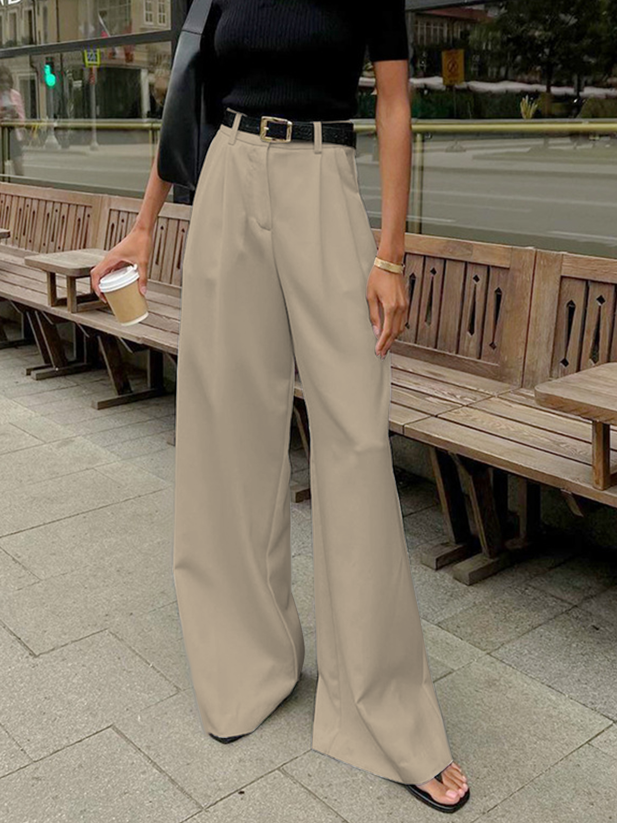 Women's Woven Wide-Leg Pants with Pleated Front and Pockets
