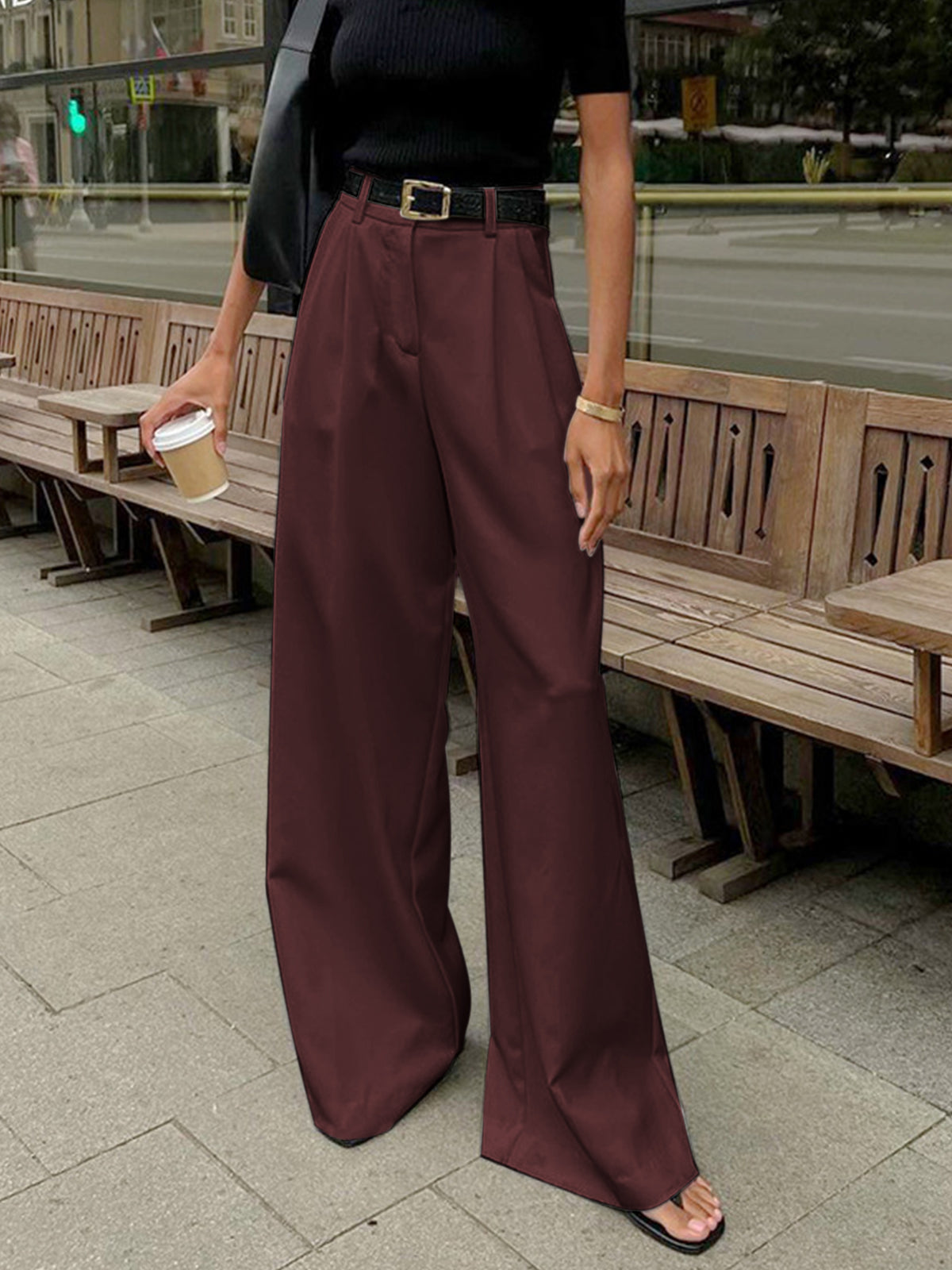 Women's Woven Wide-Leg Pants with Pleated Front and Pockets