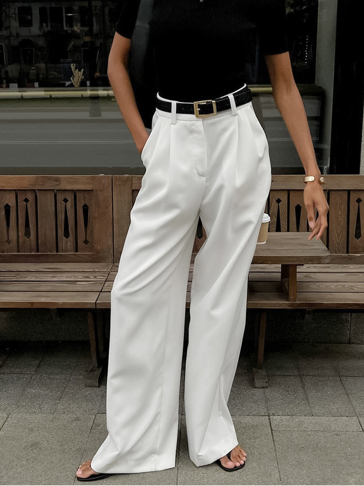Women's Woven Wide-Leg Pants with Pleated Front and Pockets