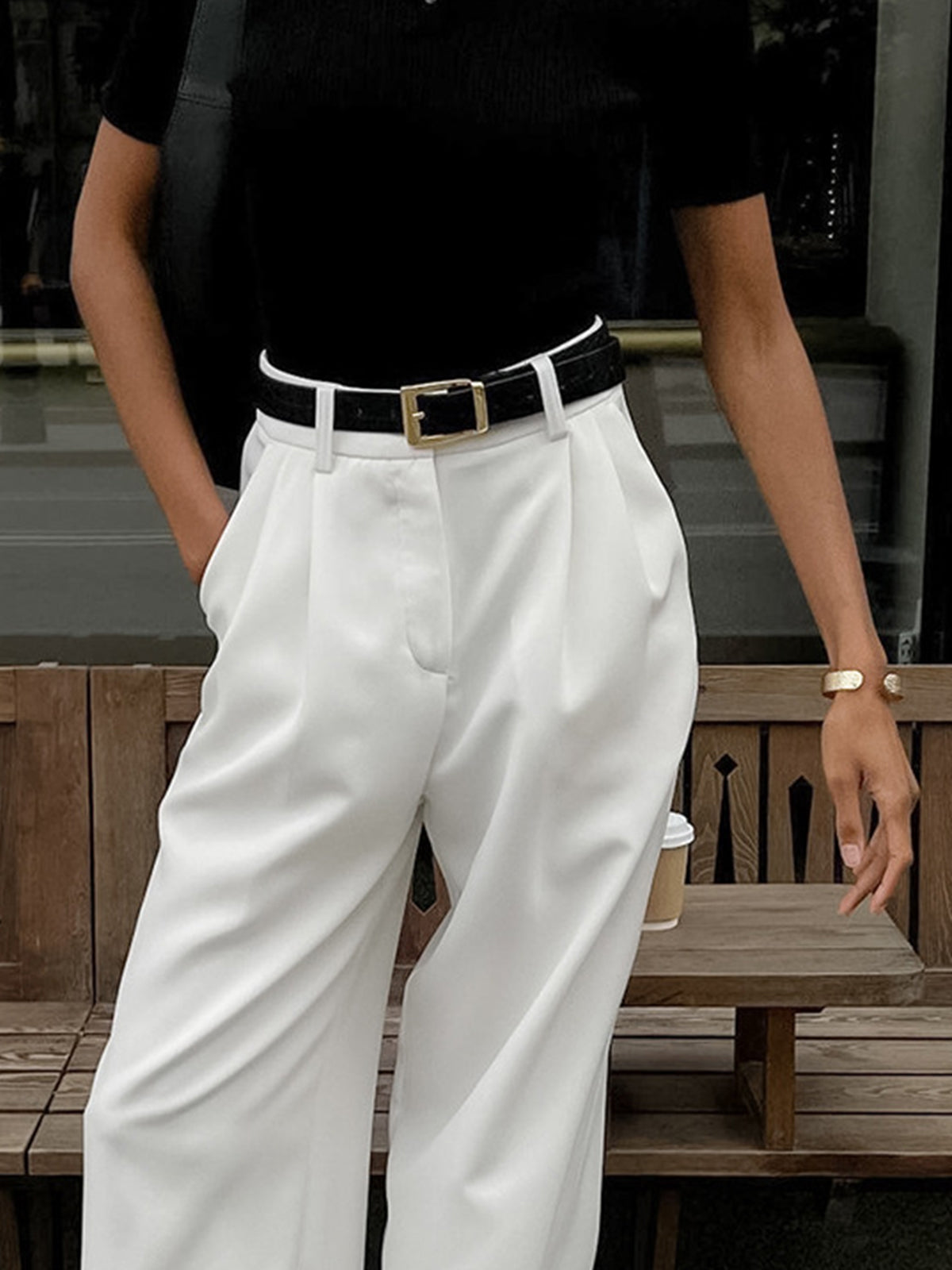 Women's Woven Wide-Leg Pants with Pleated Front and Pockets