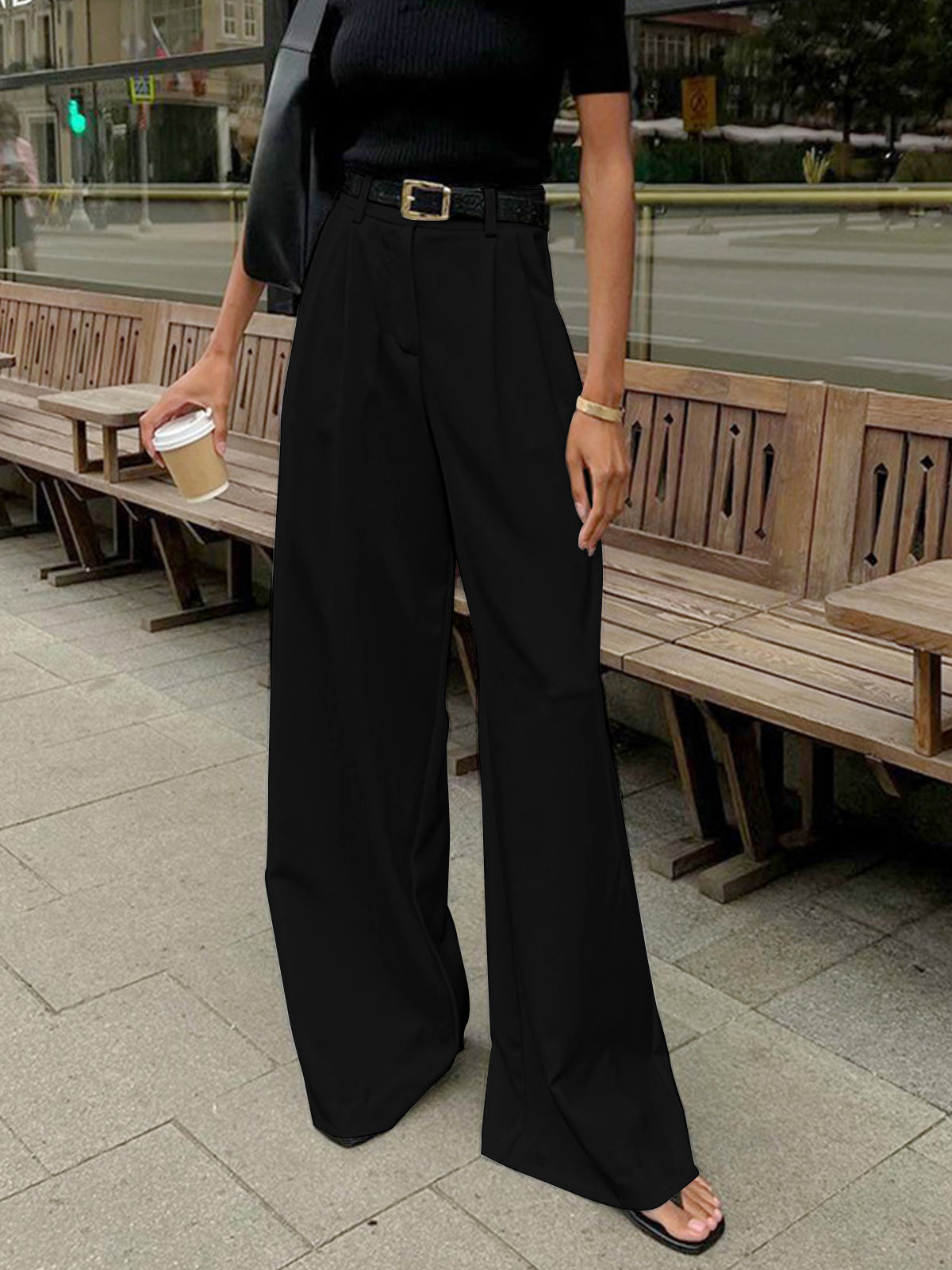 Women's Woven Wide-Leg Pants with Pleated Front and Pockets