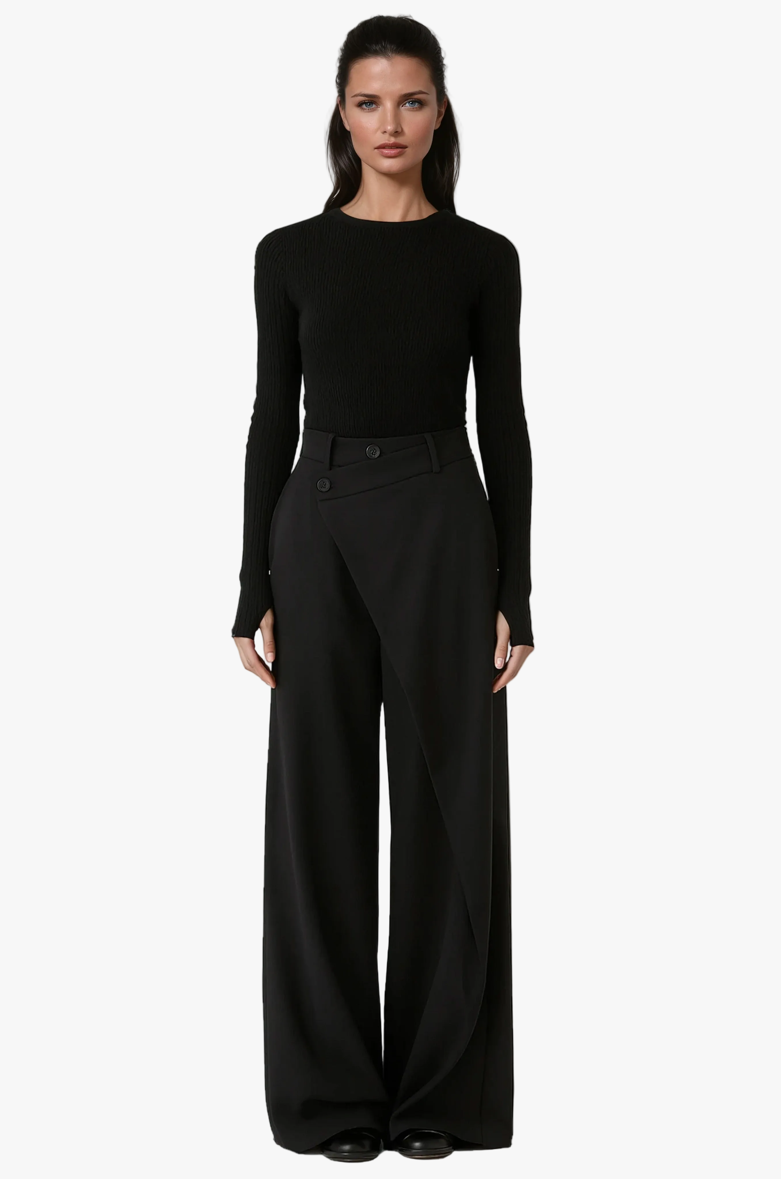 Women's Woven Wide-Leg Pants with Wrap Front and Button Waist